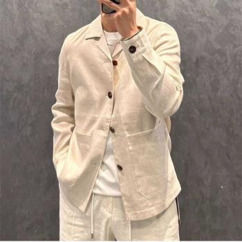 春秋新款高階感痞帥休閑亞麻西服外套男潮流百搭復古翻領西裝上衣