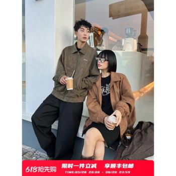 PSO Brand 仿麂皮絨美式學院風復古翻領夾克男潮牌春秋季拉鏈外套