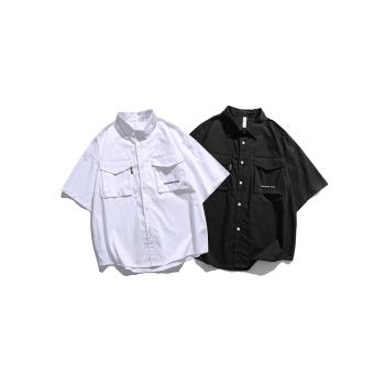 復古大口袋工裝！字母刺繡！夏季男女外貿透氣全棉休閑短袖襯衫潮