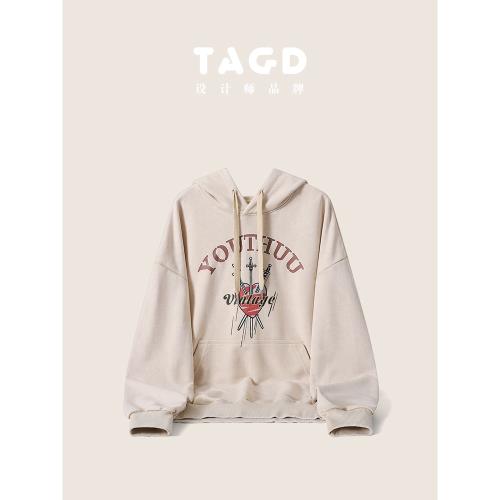 心上三劍 TAGD 設計師品牌 美式復古情侶砂洗做舊印花衛衣男女