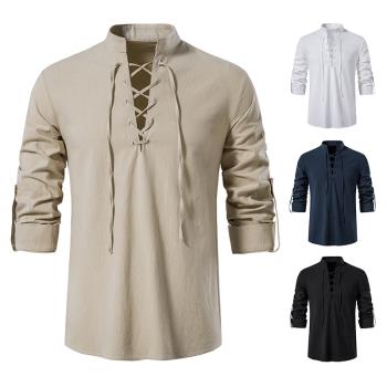 Mens shirts 男式V領系帶長袖亨利衫純色寬松休閑男士立領襯衫
