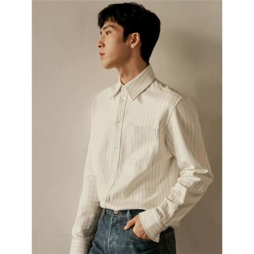 井柏然同款翻領長袖條紋襯衣簡約通勤時尚春秋百搭上衣襯衫外套潮