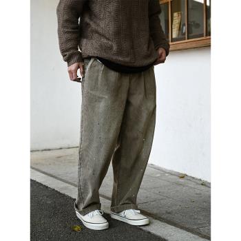Purluto日系復古潑墨做舊水洗燈芯絨休閑褲 寬松直筒闊腿工裝長褲