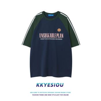 KKyesiou美式復古潮牌插肩袖短袖T恤男女oversize學院風情侶上衣