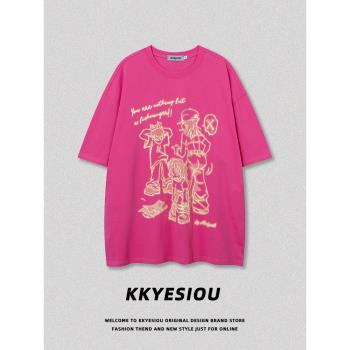 KKyesiou潮牌設計感美式嘻哈短袖T恤男女卡通印花vintage情侶上衣