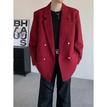 酒紅色西裝外套男裝結婚訂婚高階感痞帥DK制服雙排扣西服高定款