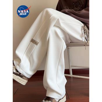 NASA聯名白色褲子男秋冬季新款潮牌寬松加絨直筒闊腿運動休閑長褲