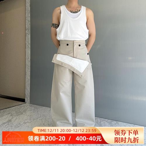 秋季小眾走秀款設計感重工雙層暗扣純棉廓形百搭闊腿休閑彎刀褲男