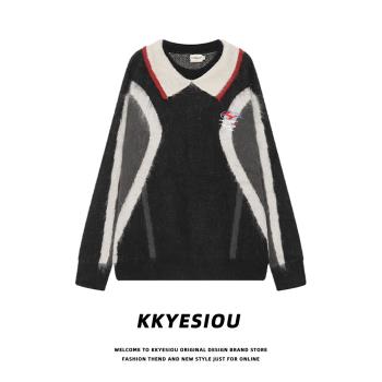 KKyesiou潮牌翻領學院風情侶針織衫男女oversize小眾拼接撞色毛衣