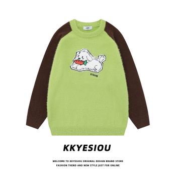 KKyesiou美式復古學院風狗刺繡毛衣男女插肩袖vintage情侶針織衫