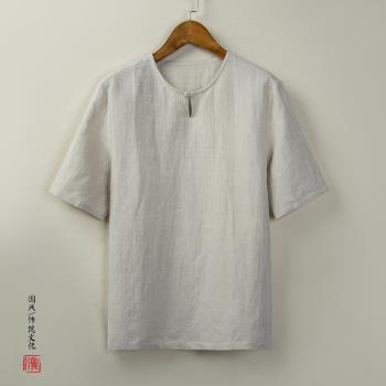 棉麻布中國風短袖盤扣唐裝茶服