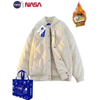NASA時尚羽絨服男冬裝新款加絨加厚鴨絨蓬鬆保暖情侶棒球領外套女