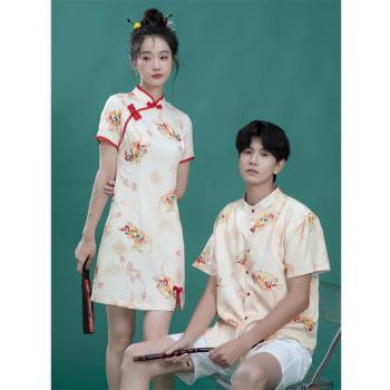 高階感情侶裝夏裝2024新款炸街男女一裙一衣旗袍漢服立領襯衫套裝