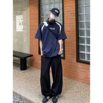 美式高街t恤男潮流重磅純棉短袖寬松拼色高階感藏青運動上衣夏季