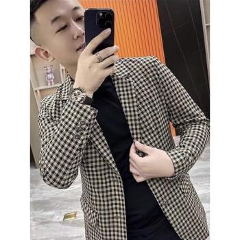 西服外套男士春秋季2025新款韓版潮牌高階千鳥格修身百搭休閑夾克