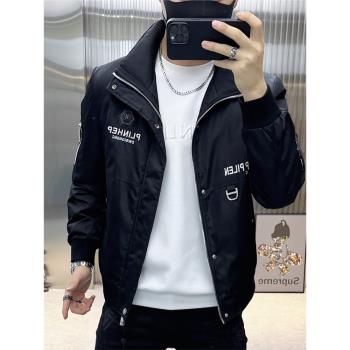 歐貨輕薄羽絨服男士2024秋冬休閑立領修身短款夾克刺繡白鴨絨外套