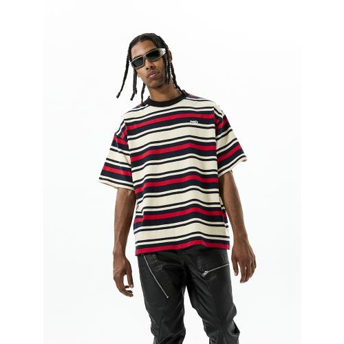 PMW 任豪同款復古紅白條紋重磅短袖圓領美式休閑百搭寬松男夏上衣