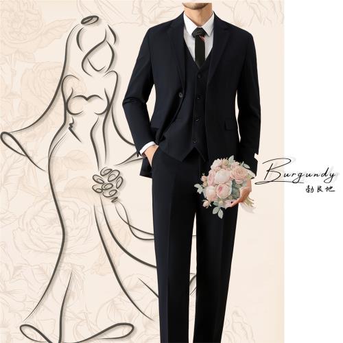 Burgundy高定西服套裝男修身新郎結婚禮服商務西裝職業正裝伴郎服