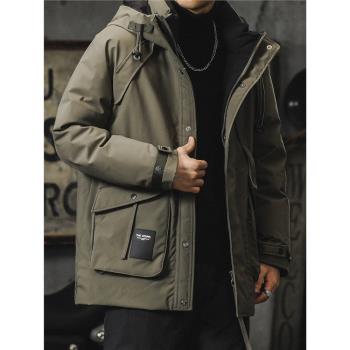 中長款羽絨服男冬季2024新款美式工裝連帽沖鋒派克服棉衣外套男款