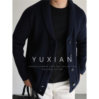 YUXIAN美式復古青果領重磅混紡男士針織紐扣外套長袖毛衣開衫冬季