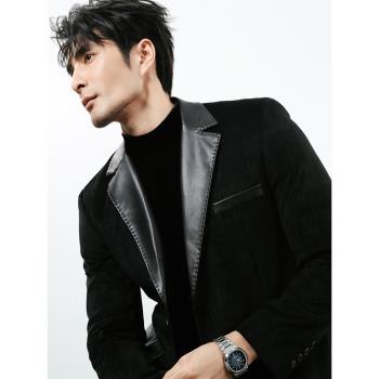 皮料拼接加厚絨布西裝外套男肌理感時尚修身帥氣商務正裝西服上衣