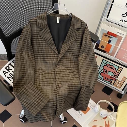 日系復古格紋西裝外套男春季vintage潮牌高級感寬松休閑西服夾克