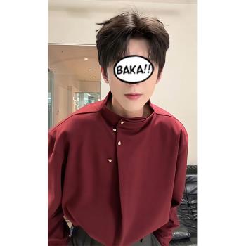 紅色襯衫男款春秋內搭疊穿保暖痞帥高階感長袖襯衣不規則立領外套