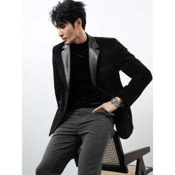 拼皮西裝外套男士秋冬款2025新款男裝高階感痞帥休閑皮衣西服男款