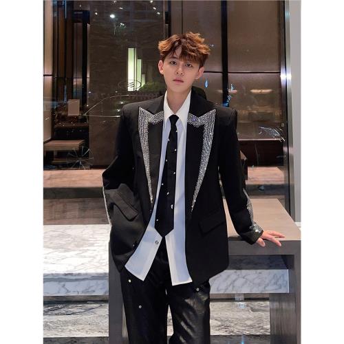 BIG Wisdom黑色西裝外套男高級感小眾燙鉆設計亮閃閃寬松墊肩西服