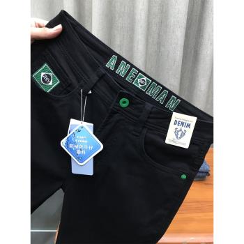 刺繡黑色九分牛仔褲男加絨印花抓絨休閑修身小腳磨毛純黑長褲冬季