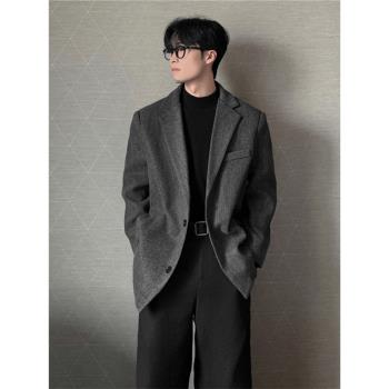 男韓版短款西裝毛呢寬松外套男加厚潮牌灰色呢料西服呢子外套墊肩