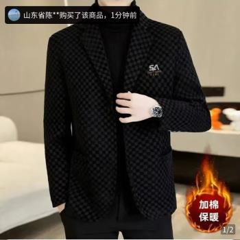 鳩喆男裝加絨加厚西服男士商務保暖外套休閑毛呢夾克百搭長袖上衣