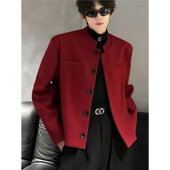 短款墊肩西裝外套男春秋季設計感高級感痞帥西服寬松休閑立領夾克