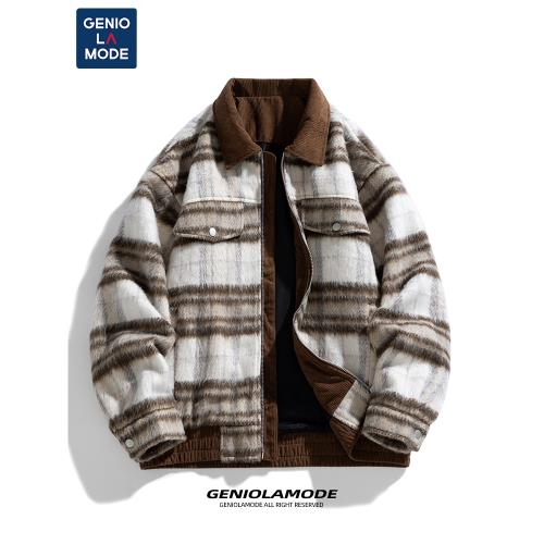 GENIOLAMODE毛呢外套男秋冬季小香風格子高級感短款夾克男士秋裝