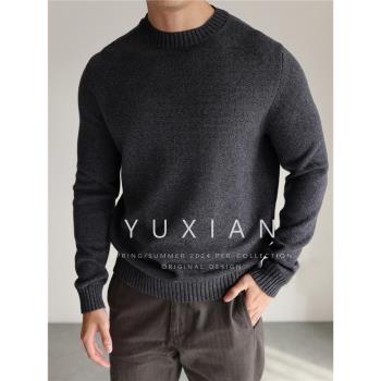 YUXIAN美式復古全棉幻彩紗線圓領針織長袖毛衣休閑通勤男士秋冬
