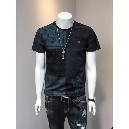 2025夏季新款天絲棉麻短袖t恤男圓領字母印花透氣薄款男士體恤衫