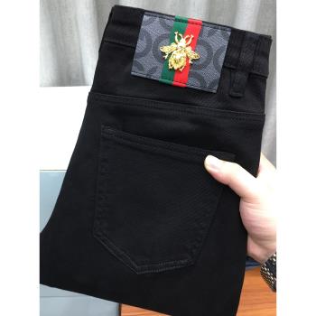 黑色九分牛仔褲男秋冬款歐貨輕奢高階修身小腳休閑純黑長褲秋季