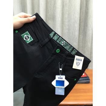 黑色牛仔褲男秋冬款九分褲刺繡高階彈力修身小腳加絨純黑長褲冬季