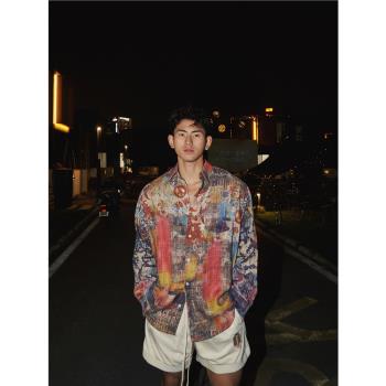lil monster美式寬松長袖襯衫男復古做舊街頭風小眾ins襯衣痞帥