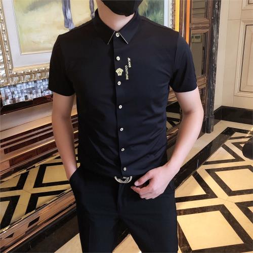 輕奢高端免燙抗皺男士襯衫短袖薄款彈力青年修身商務黑色大碼襯衣