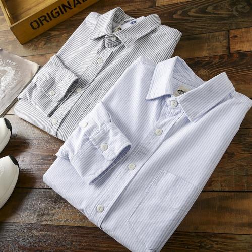 清新文藝！色織工藝！秋冬男士復古簡約豎條紋純棉男長袖襯衫男潮