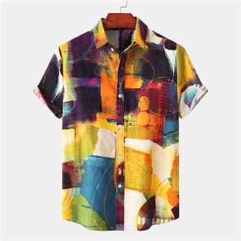 summer men colorblock casual shirt夏季男士翻領拼色休閑襯衫