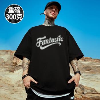 300g重磅美式字母印花短袖t恤街頭大碼黑色圓領純棉簡約半袖潮流
