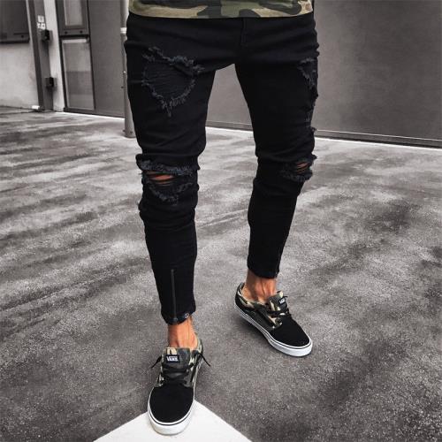 Men's Black Straight Cuffed Ripped Jeans黑色 直筒破洞 牛仔褲