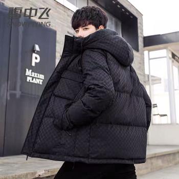 雪中飛羽絨服男2024年冬季新款保暖加厚印花格子短款男士外套潮