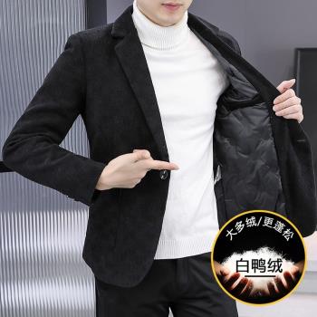 秋冬季羽絨服西裝男士時尚格紋白鴨絨呢子外套商務休閑高階小西服