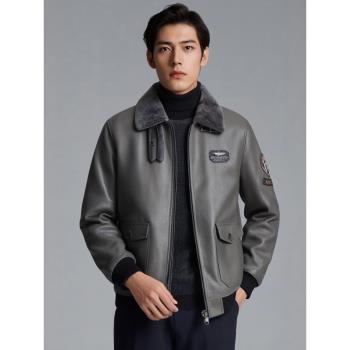 原生態羊皮毛一體男短款B3空軍飛行夾克真皮皮衣男翻領皮草外套冬
