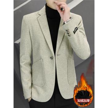 秋冬季2025新款加絨西服男士純色呢子外套單西上衣保暖毛呢小西裝