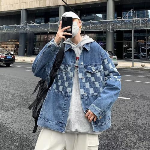 港風復古棋盤格拼接牛仔外套男ins潮牌秋季新款寬松外穿工裝夾克