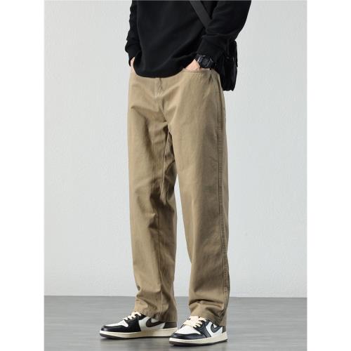 HAOZHI秋冬簡約百搭休閑褲子男高街卡其色褲子男士直筒寬松男褲潮